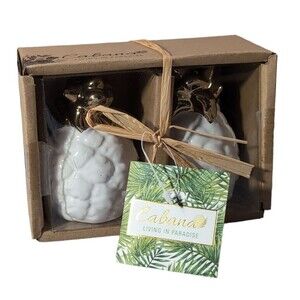 Pineapple Salt And Pepper Shakers Set Ceramic Pineapples White and Gold 3" x 2"